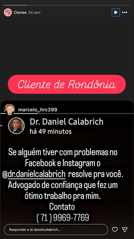 Print de story no Instagram com depoimento de cliente sobre a reativação da conta (10 de 20)